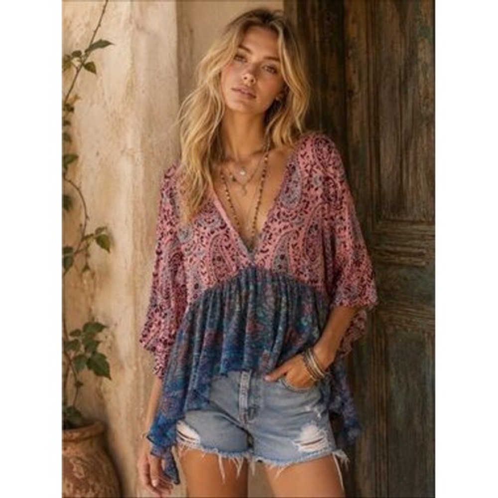 Floreat Anthropologie Silk Blend Top Small Pink Teal Paisley Boho Babydoll